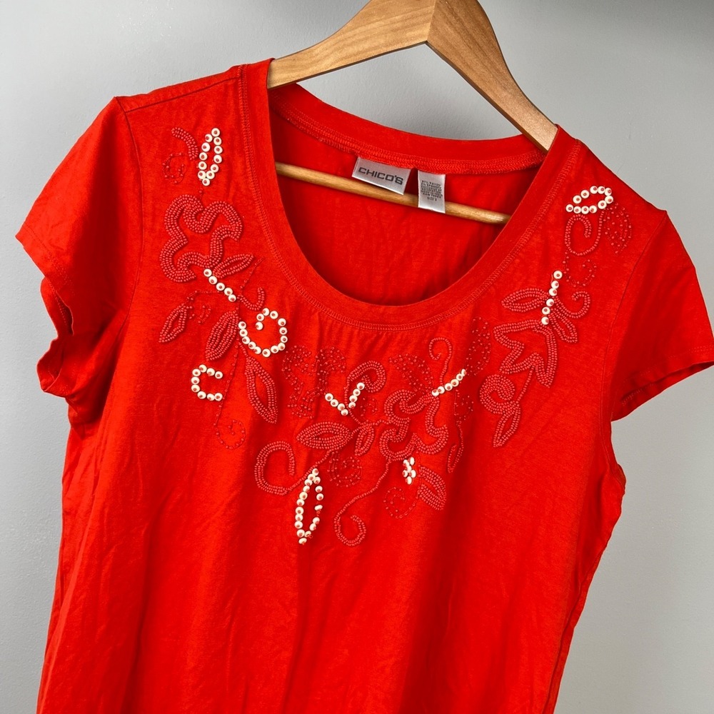 Chico's‎ Beaded Top T-Shirt Size 2 Womens L/12 Orange Floral Resort Casual